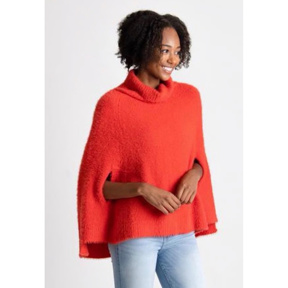 Mer-Sea Fuzzy Knit Cowl Neck Poncho Sweater Orange Red One Size OS Arm Slits - Picture 10 of 11